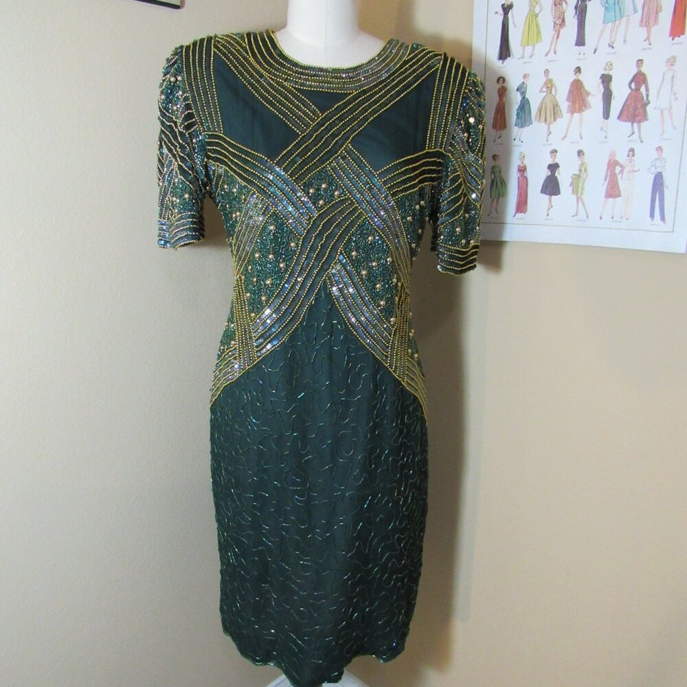 Laurence Kazar Green and Gold Sequined Beaded Dress Size M